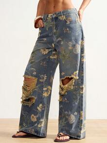 Bohemela Women's Vintage Distressed Print Loose Fit Jeans Women's Trousers Y2k Low Rise Jeans Summer Pants Printed Pants Distressed Jeans Summer Wide Leg Denim Painted Jeans Baggy Jeans With Designs Women Baggy Jean Patch Work Jeans Boho Chic Women's Clothing Women's Summer Outfits Bohemian Outfit For Women Women Vacation Outfit Sets Beach Outfit For Women Demin Outfit Women Fashion Women's Beach Outfits Yk2k Jeans - Multicolor - View 8