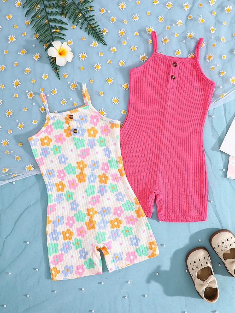 Young Girls Comfy Back To School Home Floral Jumpsuit /Set - Hot Pink - View 1
