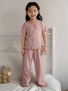 DAZY Young Girl Striped Round Neck Ruffle Trim Short Sleeve Top And Wide Leg Pants Casual Loungewear Set - Pink - View 6