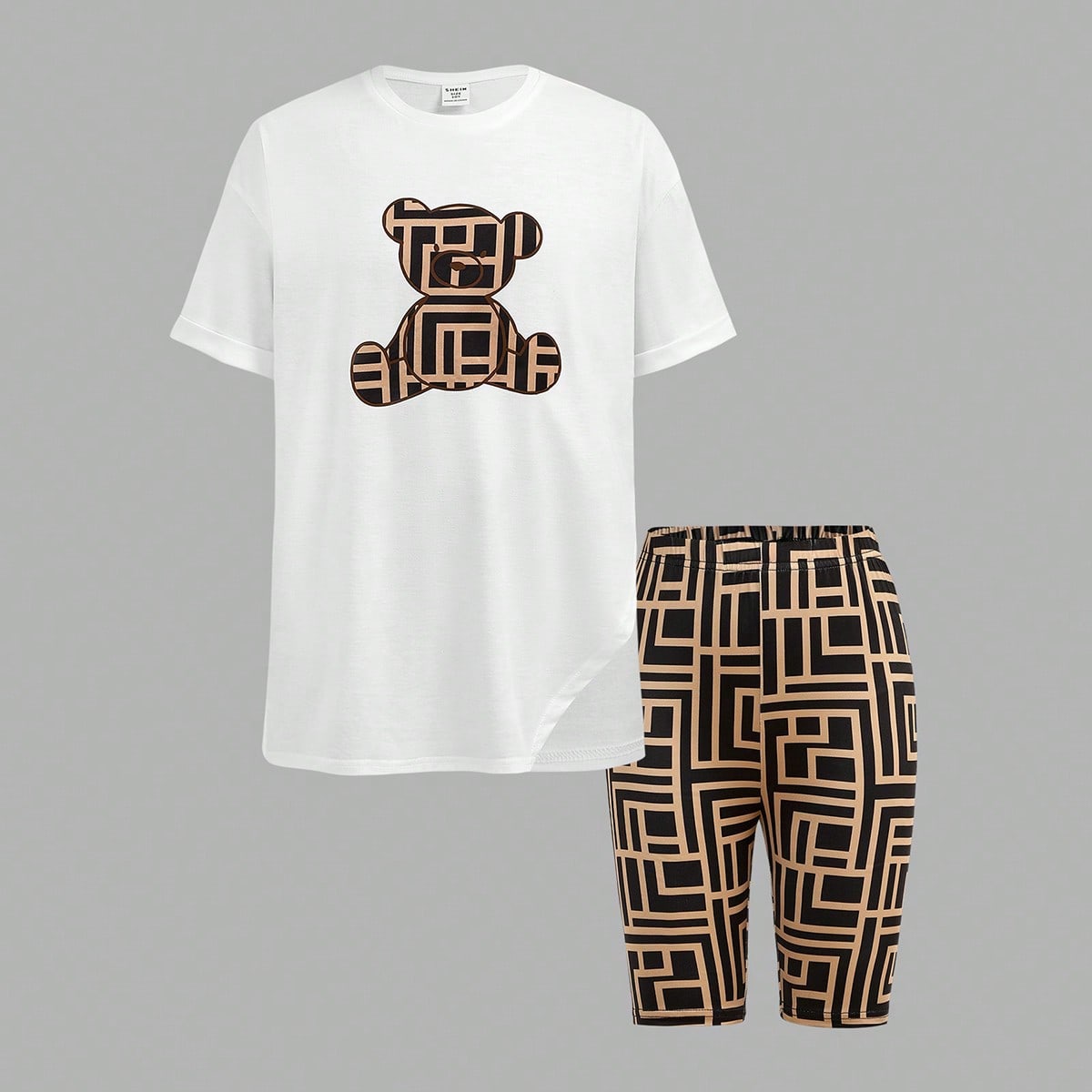 Conjunto de camiseta de manga corta con cuello redondo y abertura lateral con estampado de oso de punto + mallas de ciclismo con estampado geométrico