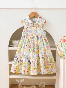SHEIN Elladie kids 女童碎花印花翻领无袖A字连衣裙，优雅甜美风格，适合日常穿着和度假。 - 彩色 - 查看 5