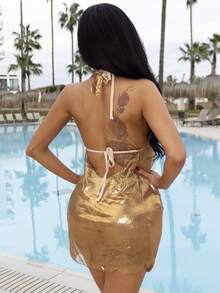 Swim SXY 女士时尚披肩，性感深V领，闪亮亮片，挂脖系带，露背设计，沙滩风，防晒，度假休闲风，网红爆款 - 金色 - 查看 7