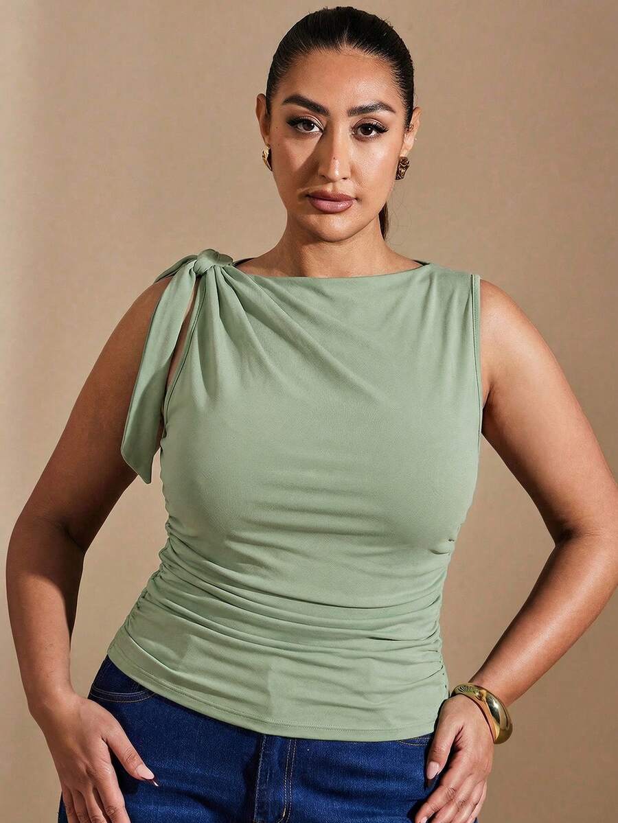 SHEIN BAE Áo tank top hai dây cỡ lớn, không tay, màu đen, thích hợp cho Ngày Valentine, mùa hè, sinh nhật, các sự kiện trang trọng, tiệc tùng. - Màu xanh Bạc hà - Xem 1