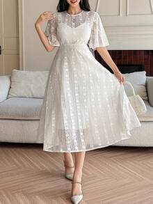 DAZY 荷叶边袖收腰连衣裙，刺绣蕾丝连衣裙，女士婚礼宾客礼服 - 白色 - 查看 5