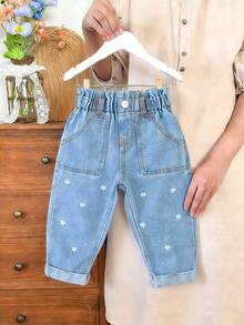 SHEIN Baby Girl Casual Vacation & Commute Floral Embroidery Paper Bag Waist Tapered Denim Jeans - Light Wash - View 1