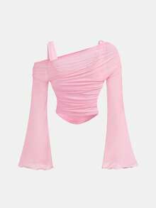 Girlism Áo hai trong một màu hồng/hở vai bằng vải lưới/tay dài loe kiểu phương Tây cổ điển/thanh lịch dành cho thiếu nữ - Hồng - Xem 2