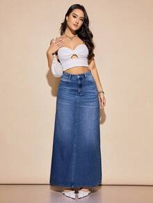 Rivivi Women's Casual Everyday Office Commute Versatile A-Line Extra Long Denim Skirt - Medium Wash - View 4