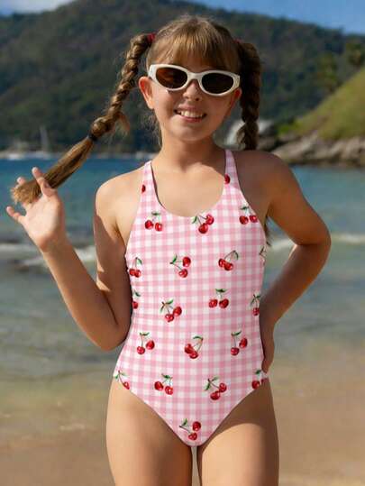少女樱桃印花连体泳衣，沙滩度假风
