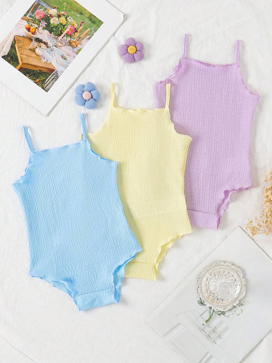 SHEIN Vintaside Kids 3pcs/Set Newborn Baby Girls' Comfortable Versatile Solid Color Knit Camisole Romper Set, Spring/Summer