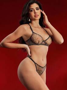 EmpressEnvy Ensemble de soutien-gorge à bretelles fines sexy avec armatures, imprimé léopard ajouré, pour l'été - Multicolore - Voir 5