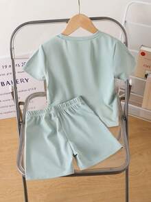 SHEIN Genkimix Kids 两件套男童夏季时尚休闲运动可爱酷炫印花T恤+短裤套装，适合日常穿着、上学、休闲、度假、聚会等各种场合，是夏季的理想之选。 - 薄荷綠 - 查看 3