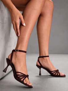 CUCCOO SZL 女士多带系带方头高跟凉鞋，性感时尚闪亮金色细高跟，适合夜店、派对、音乐节等场合。 - 深棕色 - 查看 9