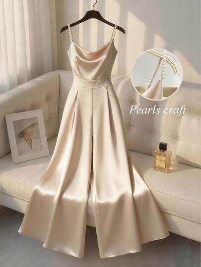 GlowEve CURVE Plus Size Women Solid Color Faux Pearl Decor Wide Leg Jumpsuit