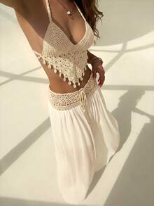 Aloruh 女士夏季度假波西米亚风钩针套装，两件套，适合日常夏季穿着、夏季服装、夏季沙滩装、女士沙滩度假装、度假装、热带度假波西米亚风女装、热带度假女装，钩针背心和喇叭裙两件套 - 杏色 - 查看 3