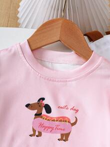 Souflis Souflis 2pcs Baby Girl Toddler/Newborn 0-3Y Casual Everyday Sausage Dog Graphic Round Neck T-Shirt + Pink Striped Shorts Set, Spring/Summer - Pink - View 6