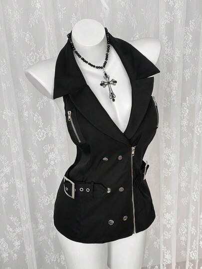 Sunspun Plus Size Women's Halter Backless Solid Color Zipper Eyelet Waist Strap Design Fashionable Versatile Blazer