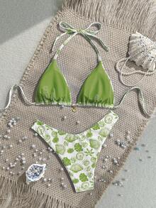 Swim Mod 2pcs/Set Summer Vacation Random Gold Shell Print Halter Triangle Bikini Top And High Cut Swim Bottoms Sexy Swimwear Set Boho Bikini Set Boho Bathing Suit Vacation Bikini Set Pattern Bikini Bikini Set Summer Beach Bikini Set Floral Bikini Set - Olive Green - View 2