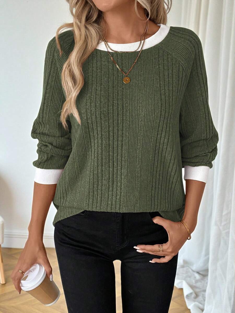 SHEIN LUNE Jersey de cuello redondo de mujer de nuevo color Maillard, informal, para otoño/invierno 2024 - Verde militar - Ver 1