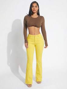 SHEIN SXY 女士休闲百搭通勤喇叭牛仔裤，带口袋 - 黃色 - 查看 4