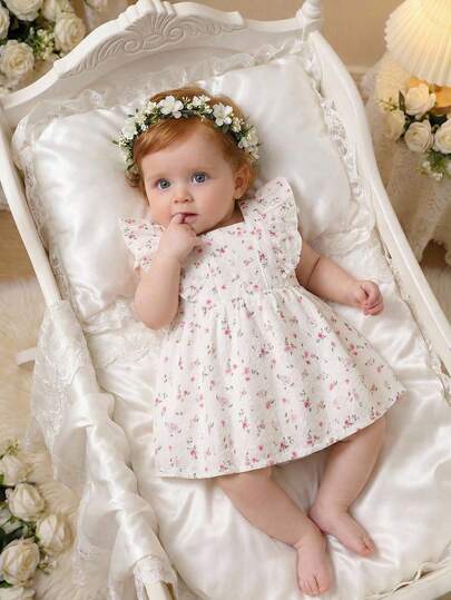 SHEIN 新生女宝宝甜美花朵领公主裙，秋季