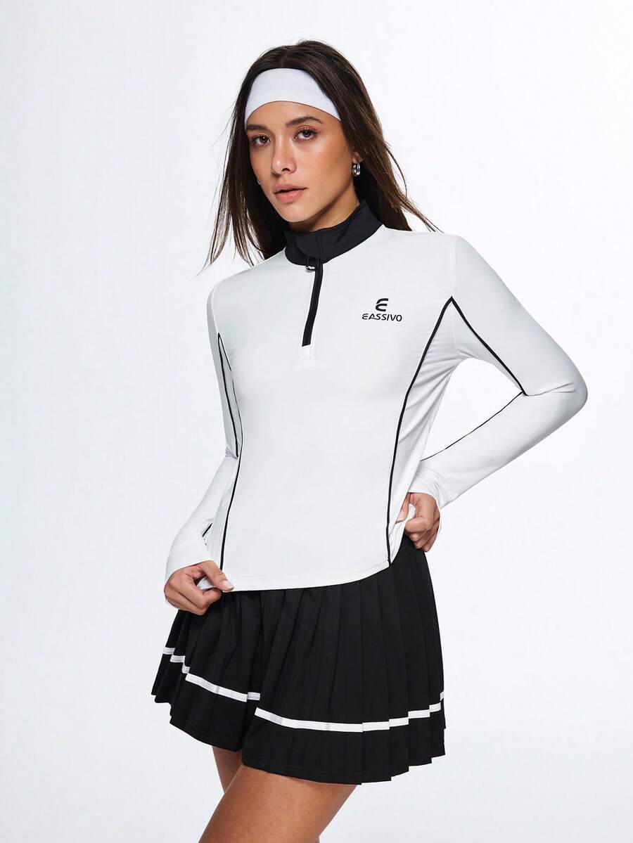 Eassivo Eassivo Women's Structured Line Fitted Collared Yoga Top, Activewear Workout Shirt - White - View 1