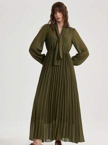 Aveloria Modichic Women's Solid Color Stand Collar Tie Design Pleated Elegant Waist Cinched Long Party Dress - Army Green - View 3