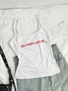 Attitoon Women's Casual Sexy Camisole Tight Racerback Tank Top With English Print - White - View 4