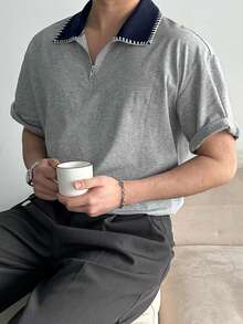 DAZY Men's Grey Patchwork Collar Design T-Shirt, Summer - Multicolor - View 5