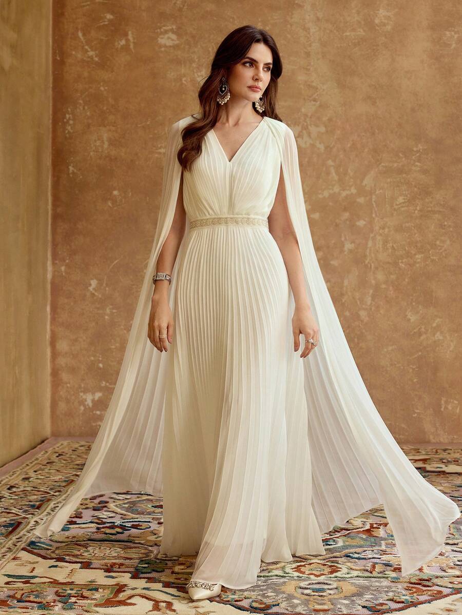 ZEYLAH 女士纯色V领褶裥披肩领优雅收腰派对连衣裙 - 白色 - 查看 1