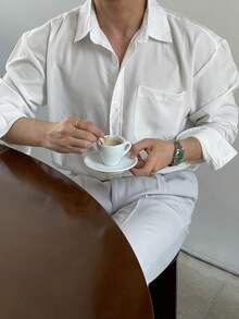 DAZY 男士休闲日常通勤纯色拼接口袋白色长袖衬衫，春夏秋季款 - 白色 - 查看 4