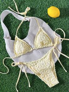 Swim Mod Women's Casual Textured Halter Neck Bikini Set, Suitable For Summer Vacation - Light Yellow - View 2