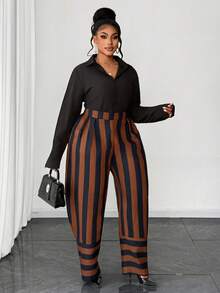 Maweii Quần ống rộng kẻ sọc dáng casual, cạp chun. - màu nâu - Xem 6