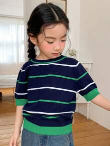 DAZY 女童撞色条纹短袖毛衣，春秋季休闲款 - 彩色 - 查看 7