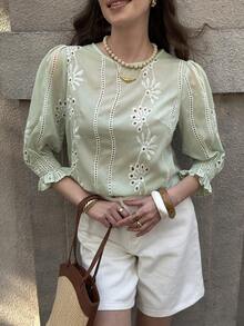 Solivie Women's Spring/Summer Embroidered Blouse, Green Top, Elegant For Vacation, Outings, Easter Summer Tops Summer Holiday Outfits - Mint Green - View 6