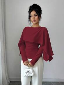 SHEIN Elenzya 新款女士披肩领长袖弹力针织T恤，优雅百搭，日常束腰显瘦款式 - 酒紅色 - 查看 6