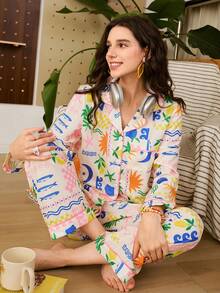 Women's Single-Breasted Starfish & Shell Print Long Sleeve Top And Wide Leg Pants Casual Loungewear Set - Multicolor - View 5