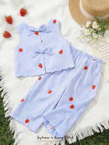 Cozy Pixies 2pcs Baby Girl Strawberry Print Crew Neck Sleeveless Top And Elastic Waist Pants Set,Spring To Summer - Blue - View 10