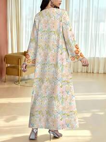 SHEIN Najma Đầm maxi dài tay họa tiết hoa dành cho nữ cỡ lớn, đầm maxi cổ chữ V họa tiết hoa, đầm dài thời trang kiểu Ả Rập thanh lịch, thích hợp cho mùa xuân/hè. - Nhiều màu - Xem 2