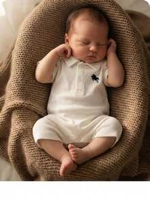 新生儿男女宝宝舒适休闲百搭学生风白色短袖翻领连体衣套装，饰有小马图案，并配有遮阳帽。适合春夏季节，室内外皆宜，可用于日常穿着、运动、玩耍、聚会、拍照、度假等场合。 - 白色 - 查看 4