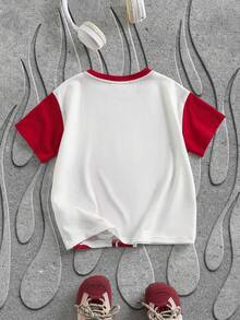 SHEIN HOT STUFF Young Boy Casual Cartoon & Letter Graphic Colorblock Round Neck Short Sleeve T-Shirt, Summer - White - View 2