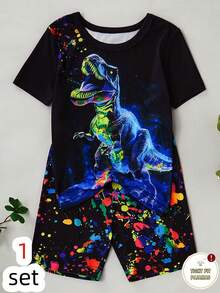 2 piezas Conjunto de pijama para niños pequeños, camiseta de manga corta con estampado de dinosaurio fluorescente y salpicaduras, y shorts elásticos, de tela de punto cómoda, lavable a máquina (1 conjunto se vende por separado) - Multicolor - Ver 9