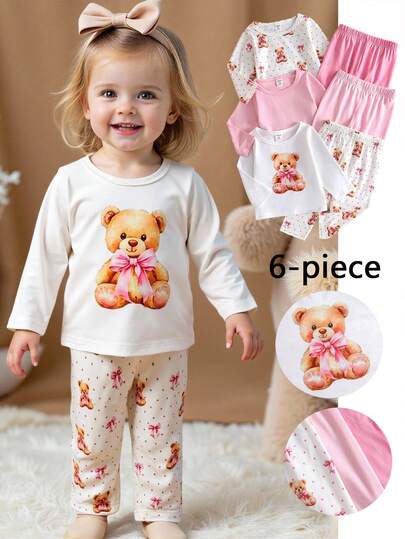 SHEIN Playful Pals 6pcs/Set Infant Girl Casual Cute Sweet Pink Floral Polka Dot Bear Bow Top, Pink Apricot Top Paired With Matching Trousers, Suitable For Spring & Autumn School Wear And Everyday Outfits
