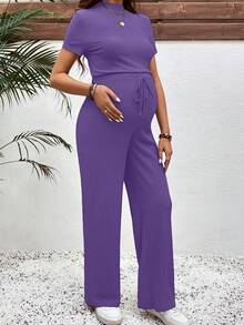SHEIN Setelan Hamil 2 Potong Atasan Lengan Pendek dan Celana Warna Polos Kasual, Musim Panas - Violet Purple - View 6