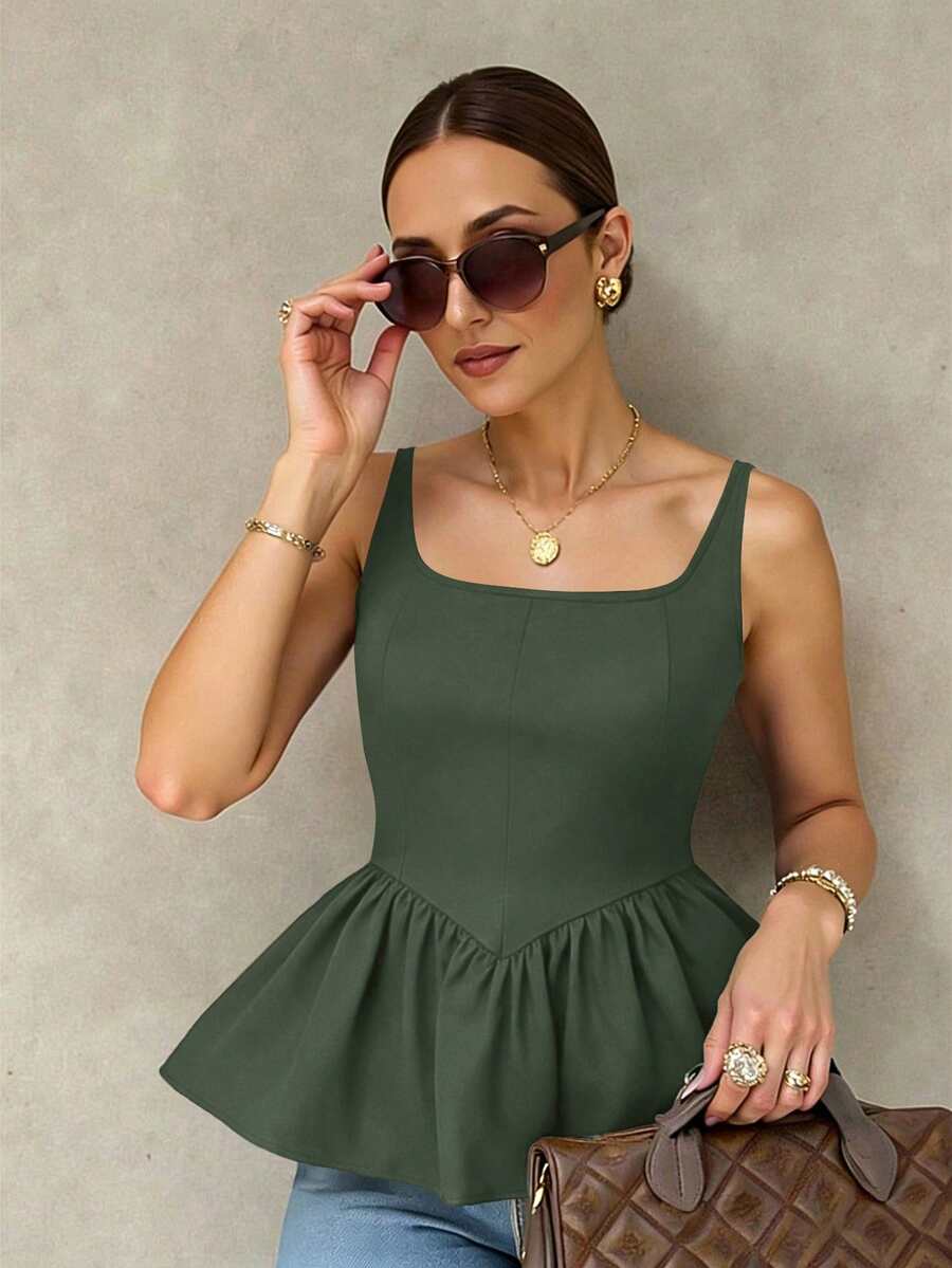 INAWLY 女士休闲纯色荷叶边吊带背心，夏季 - 綠色 - 查看 1