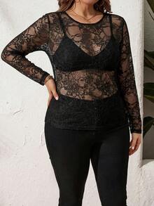 Comfylo 大码女士性感透视蕾丝情人节长袖修身上衣，春夏秋季黑色蕾丝长袖上衣，黑色蕾丝上衣，黑色透视上衣，情人节蕾丝上衣 - 黑色 - 查看 7