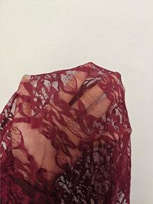 SHEIN BamGlam 女士蕾丝深V领纯色优雅薄纱连衣裙 - 酒紅色 - 查看 6