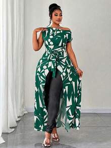 Elenzga 大码女式无袖不对称下摆系带性感衬衫，不对称图案休闲度假衬衫 - 彩色 - 查看 4