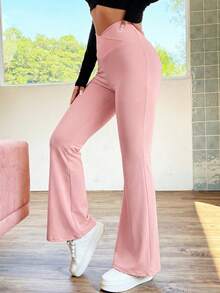 SHEIN EZwear 女士休闲高腰喇叭粉色长裤，春夏款 - 粉色 - 查看 3
