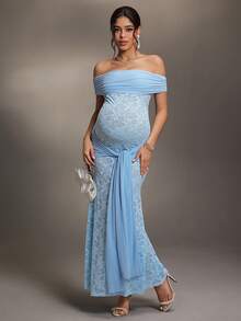 Cheriluna Maternity Light Blue Maternity Mermaid Hem Elegant Design Fitted Long Lace Dress Off Shoulder Dress Maternity Outfit, Summer - Multicolor - View 6