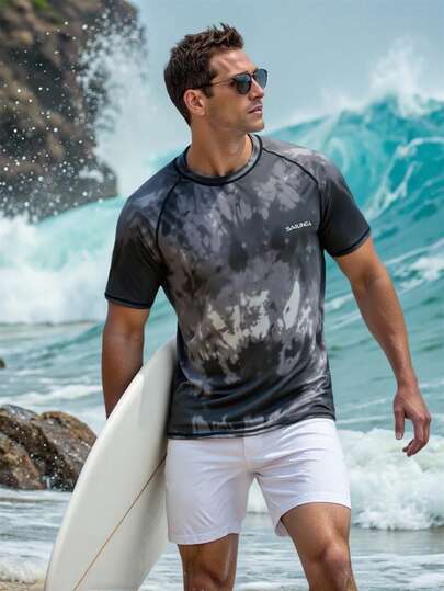 Manfinity KASUA Men's Summer Beach Tie-Dye Raglan Sleeve Rash Guard